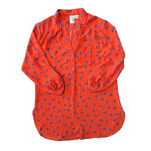 Anthropologie Francesca Blouse Womens Medium Sheer Orange Polka Dot Blue - Picture 2 of 6